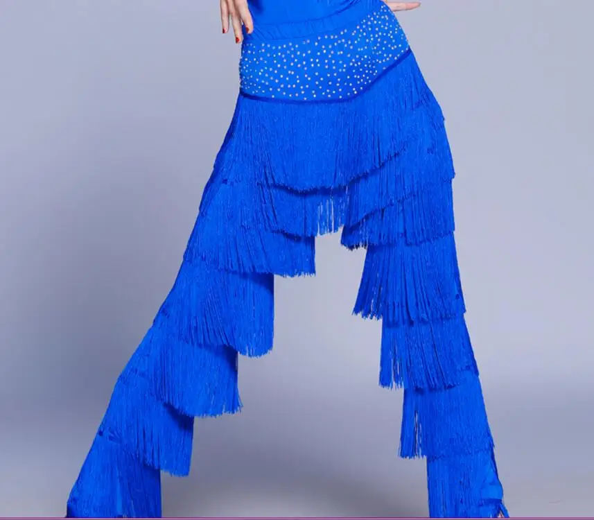 Сексуальный костюм для латиноамериканских танцев для женщин, синяя, красная, черная оригинальная рубашка с кисточками, Женские топы для выступлений, профессиональная одежда для фламенко, DW1054 - Цвет: Blue Pants