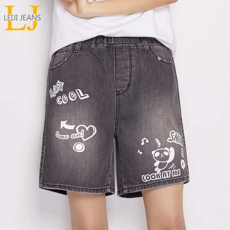 LEIJIJEANS Лето 2019 г. Письмо печати хлопок по колено Bleach High Street эластичный пояс