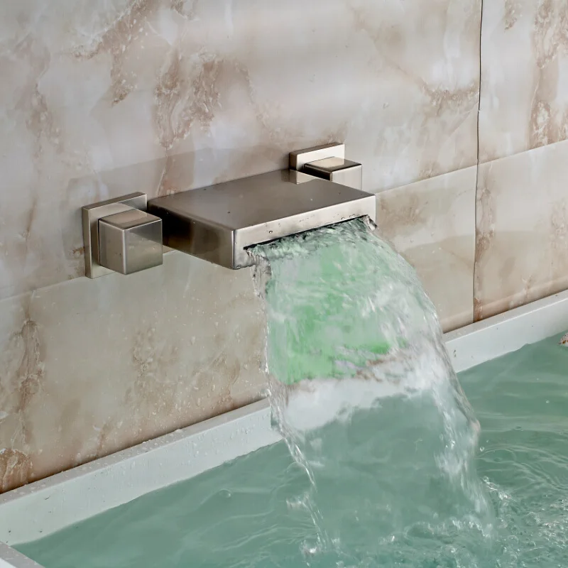 Wall Mounted Color Changing LED Waterfall Spout Basin Sink Faucet Dual Handles Brushed Nickel Finish