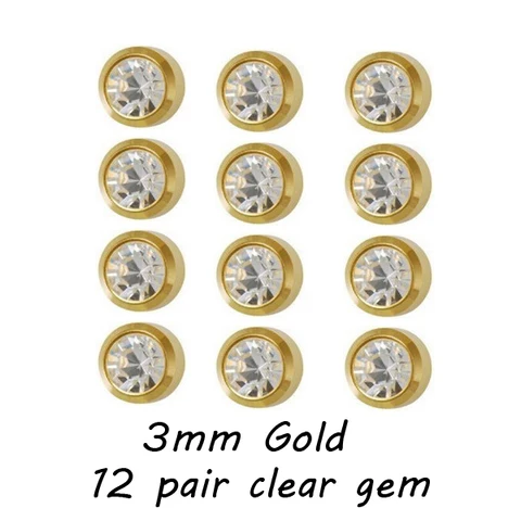 Steel&Gold Ear Studs Piercing Earrings Mixed CZ gem Ear Studs 3mm, 4mm for you choose