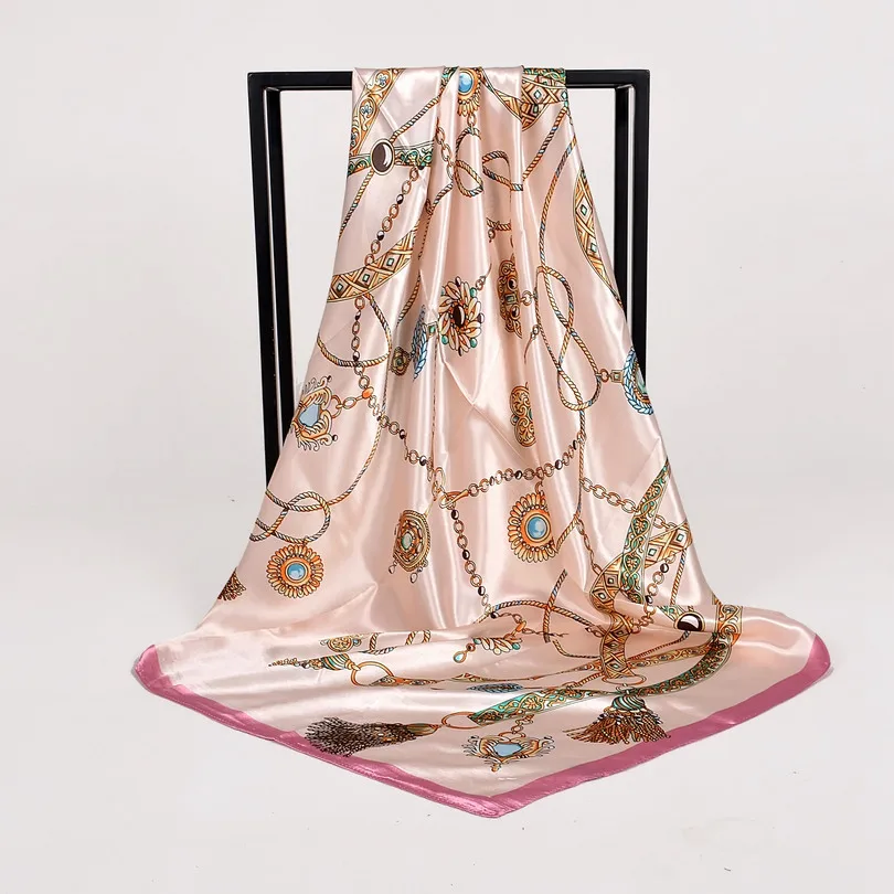 Elegant Navy Blue Silk Scarf with Chinese Rose Design - Large Square Ladies' Fashion Accessory