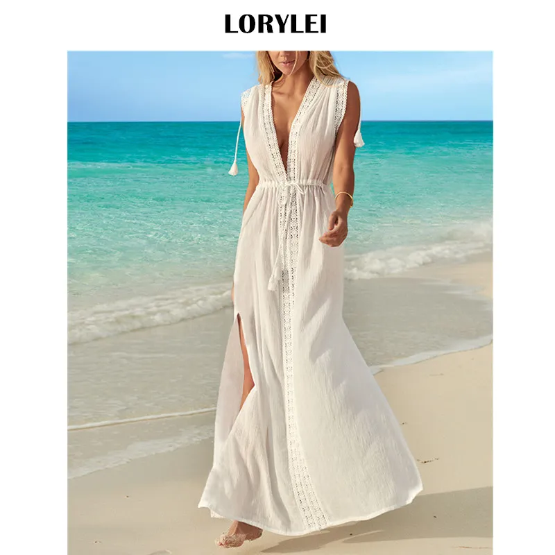 

Elegant Greece Style Sleeveless Side Split Sexy Plunging Neck White Cotton Beach Dress Women Robe Tunic Swimwear Cover Up N637