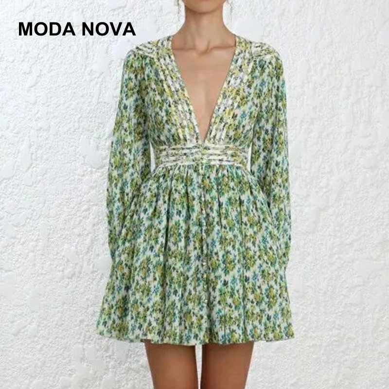 MODA NOVA Designer Runway Dress Women Vintage Sexy V Neck Floral Print Pleated Long Sleeve Boho Mini Dress 2018 Autumn Vestido