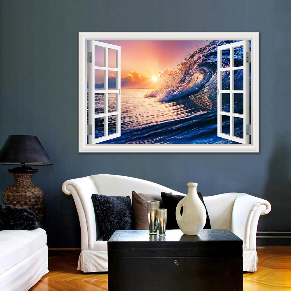 

3d Creative Decal Wall Stickers Sea Wave Seascape Window View PVC Vinyl Art Wallpaper Home Decoration Living Room Bedroom