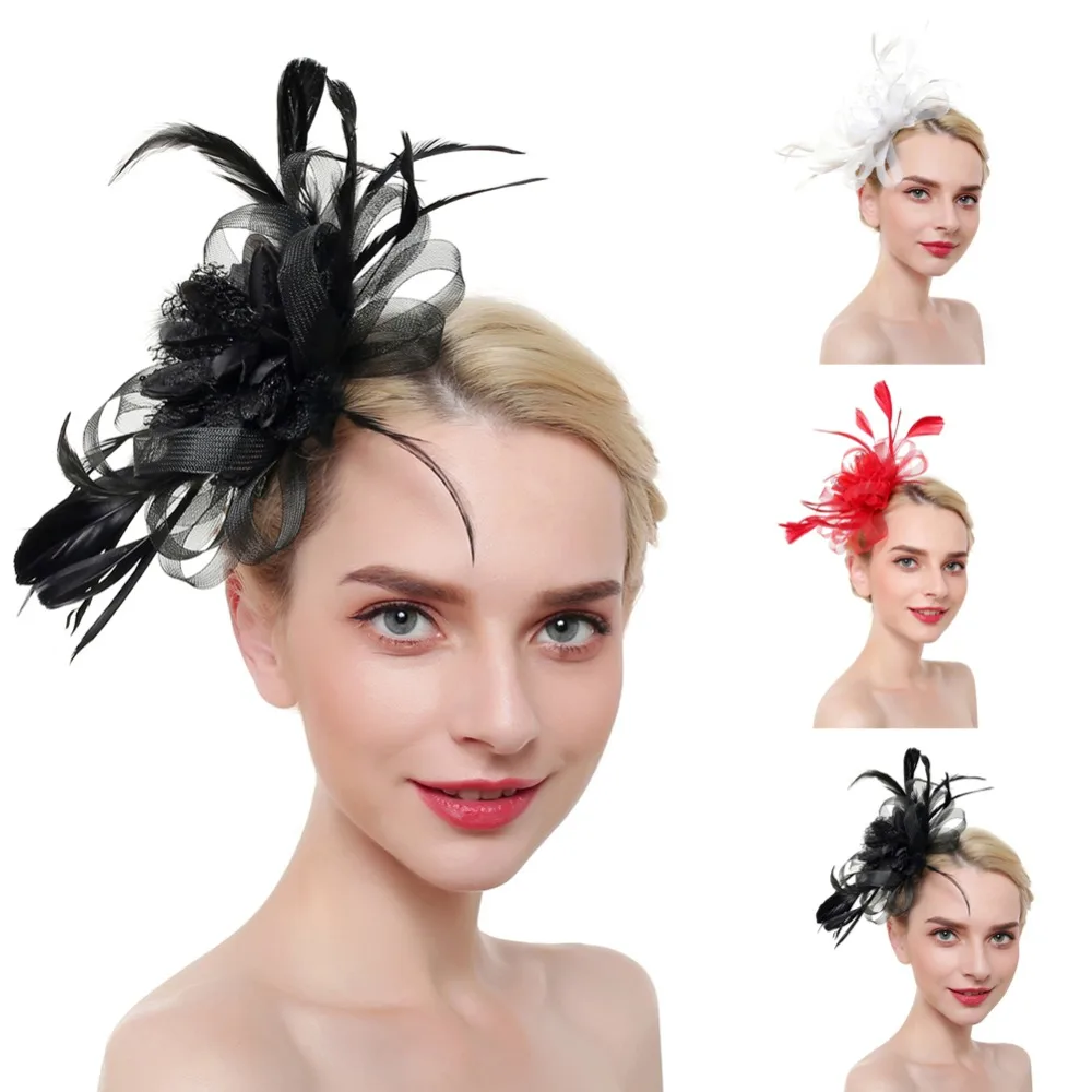 Винтажная повязка на голову для девочек с перьями, сетчатая лента для волос, головные уборы, аксессуары для волос, цветочные сетчатые ленты-сетки, перо, шляпа, заколки для волос