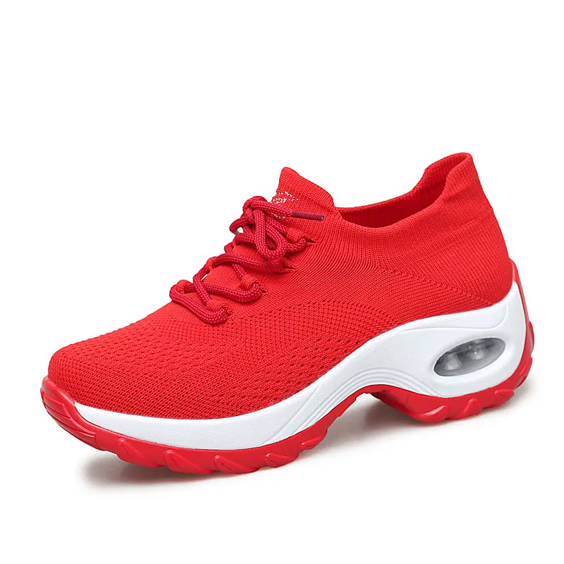 Женская обувь на плоской подошве; кроссовки дышащие сетчатые повседневные туфли; обувь с воздушной подушкой; удобные женские кроссовки без застежки; tenis feminino - Цвет: Red