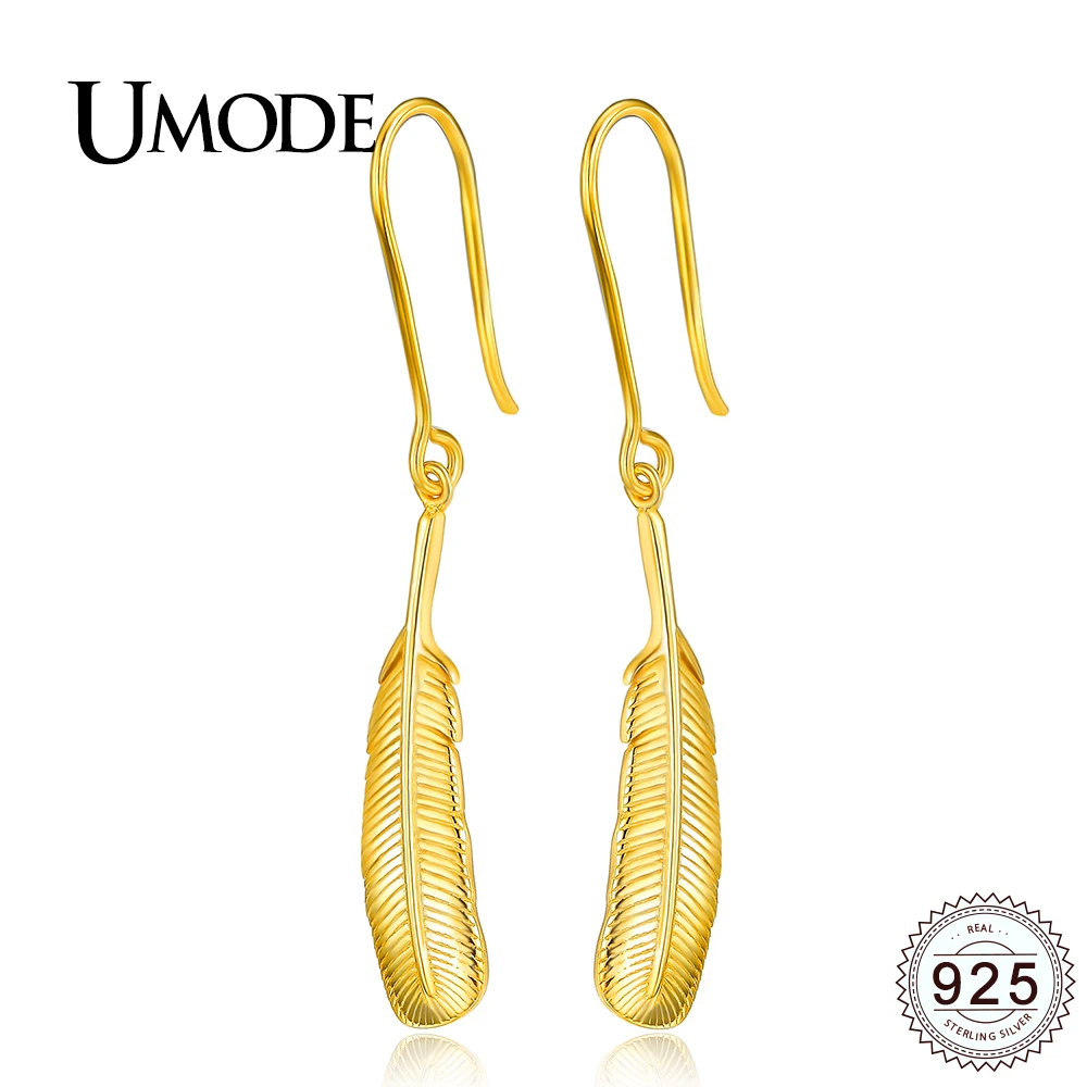 

UMODE New Trendy Feather 925 Sterling Silver Drop Earrings for Women Gold Color Fashion Jewelry Brinco Orecchini Donna ULE0279