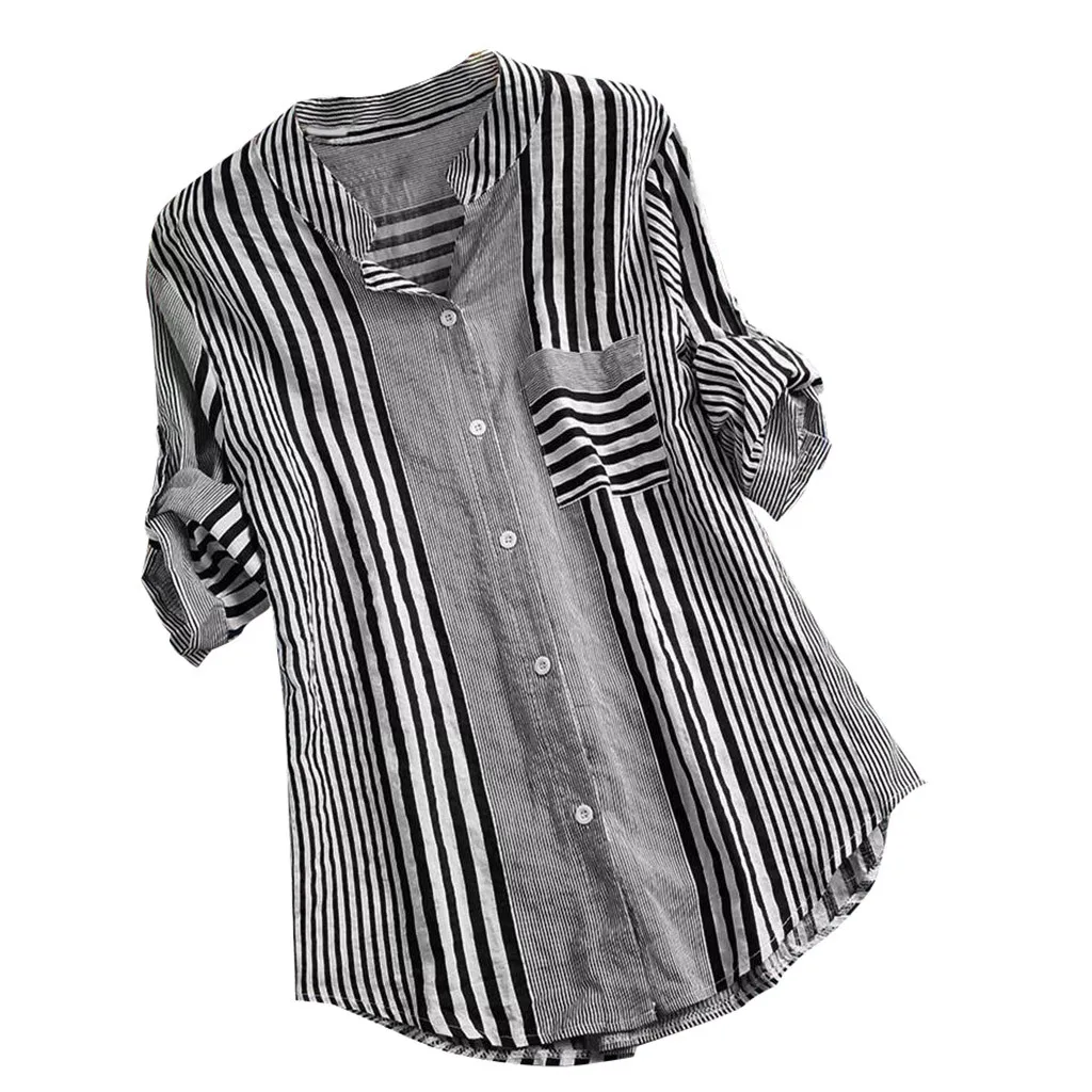 Большой размер Женская туника рубашка Женская три четверти полосатая блуза с принтом v-образный Вырез Свободный крой Топ блузка blusas mujer de moda