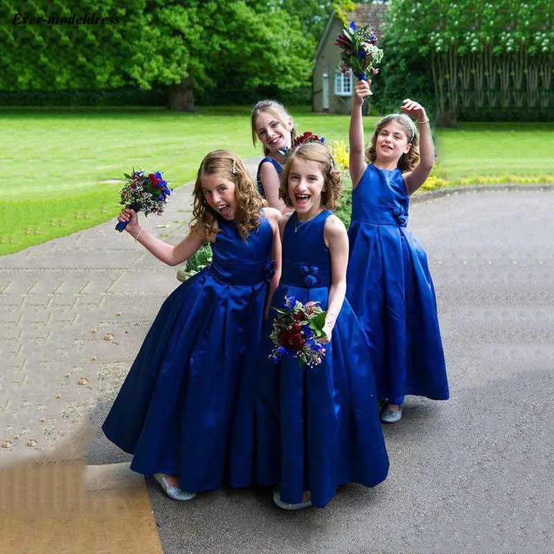 

Royal Blue Satin A Line Flower Girls Dresses O-Neck Girls Birthday Party Gowns With Flowers robe fille mariage
