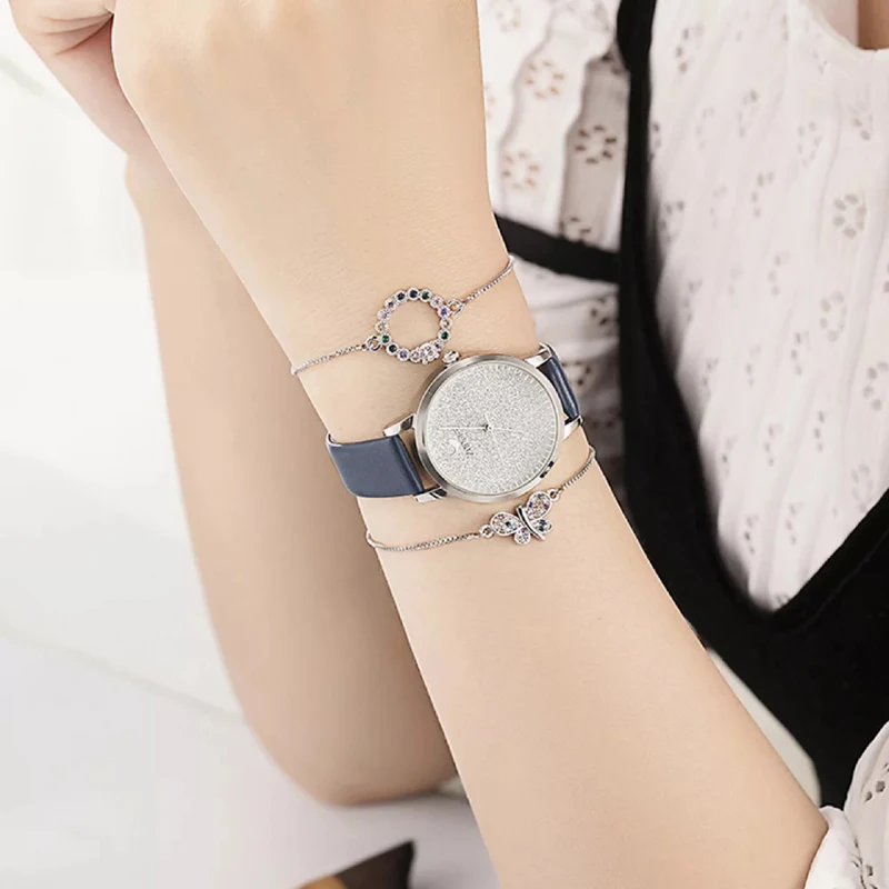 

New 3pcs/Set Fashion Simple Dial Watch Women Butterfly with Colored Diamonds Bracelet Watches Quartz Relogio Wristwatch with Box