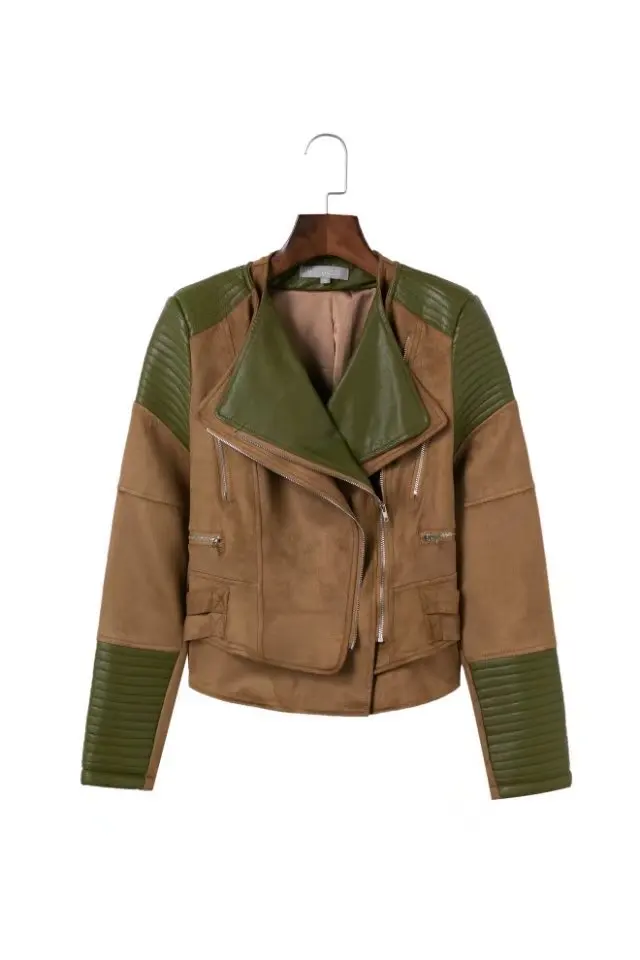 High Quality Zipper basic suede jacket coat 2017 motorcycle jacket Women outwear pu spliced short winter jackets