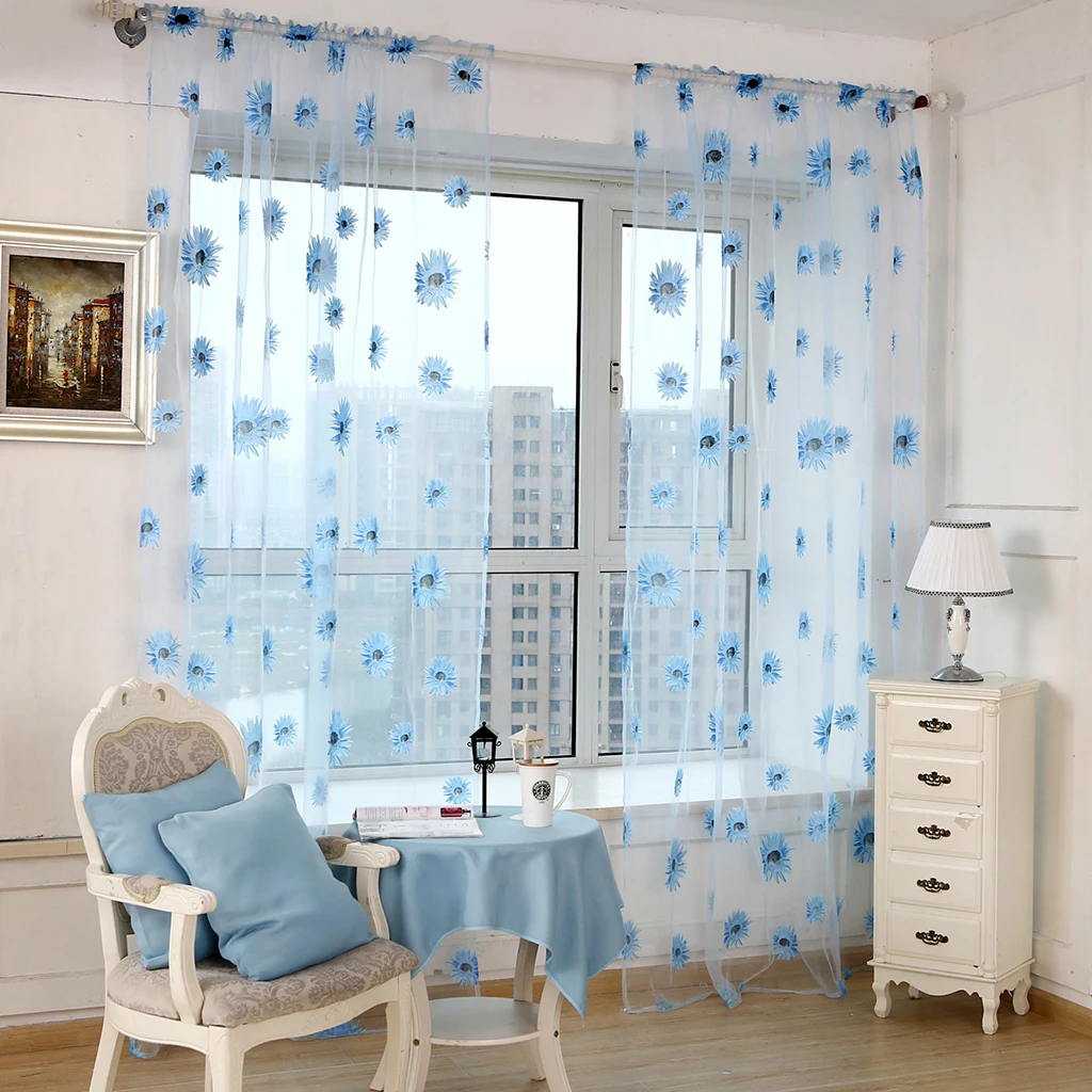 Sunflower Sheer Voile Window Curtains Semi Tulle Drape Panel for Kitchen Bedroom Living Room(Slot Top Design, 2x1 Meter)
