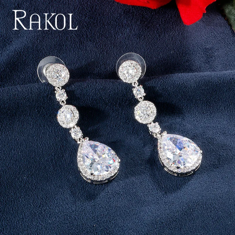 RAKOL Роскошные кубический циркон капли воды модные Висячие серьги для женщин Свадебные Partty платье ювелирные изделия с кристаллами RE620083K