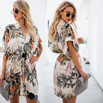 

Bath Dresses For The Beach Clothes Cover-Ups Swimsuit Cover Up Womens Coverup Cotton Leaf Prints Loose Belt Skirt Print Acetate