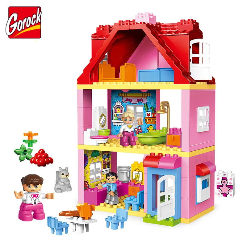 

19~78 PCS Large Size Pink villa Girls Big Building Blocks set Kids DIY Bricks Model Toys for Children Compatible With Duploe