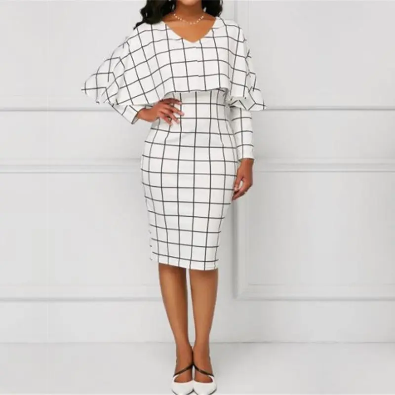 

Women Plaid Bodycon Dress Elegant Office Vintage Cloak Long Sleeve White Sexy African Casual Midi Dresses Female Spring Autumn