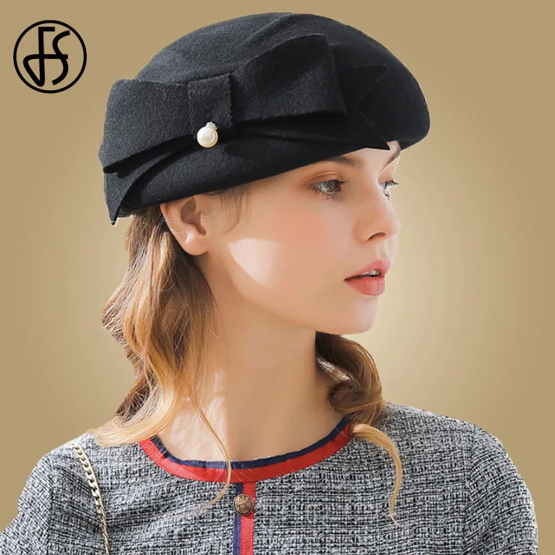 FS элегантный берет из шерсти для женщин фетровая Фетровая Шляпа Fedora черный серый красный дамские свадебные вуалетки бант шапки расшитые жемчугом Pillbox Hat - Цвет: Black Wool Hat