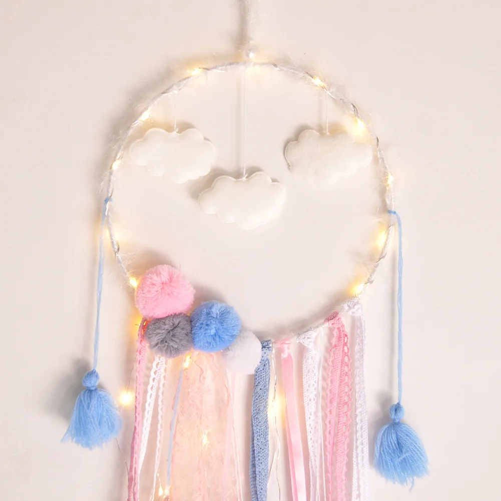 Dreamcatcher With Light Big Lace Dream Catcher with Clouds Pompom Home Wall Hanging Decor Pendant for Kid's Bedroom Decoration