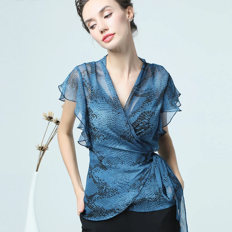 2019 Summer Women Snake Skin Blouse Crossed V Neck