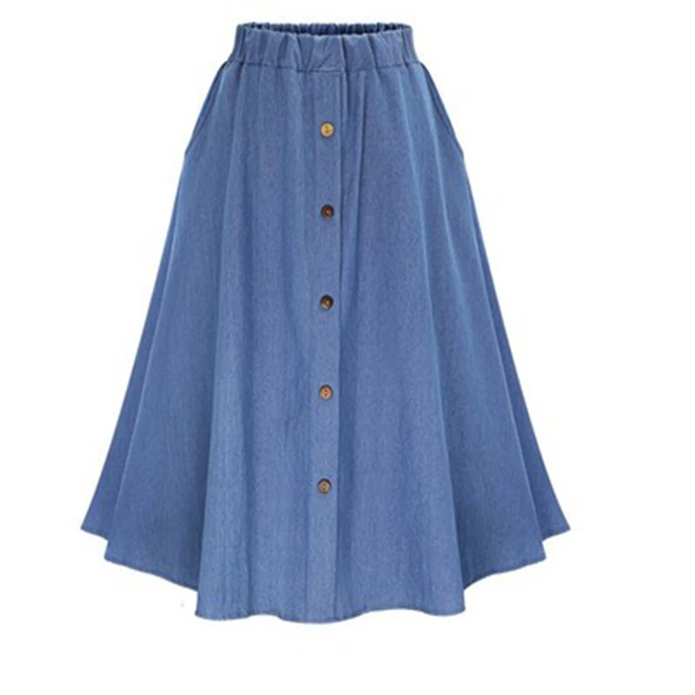 Классические летние джинсовые юбки, Женская плиссированная Джинсовая Юбка До Колена, милая однотонная Повседневная Длинная юбка на пуговицах, женские свободные юбки - Цвет: Небесно-голубой