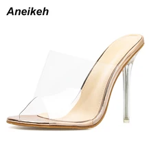 Aneikeh/Большая обувь 41 42 пластмассовые прозрачные сандалии с открытым носком на высоком каблуке Для женщин прозрачный перспекс; комнатные тапочки; Каблук Прозрачные Сандалии