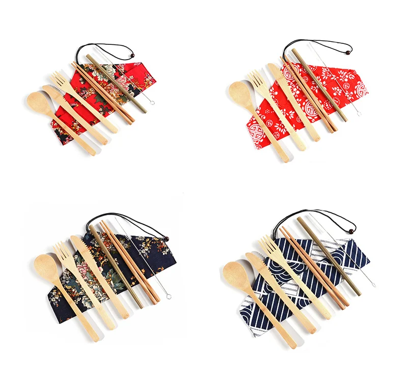 

Portable Bamboo Korean Cutlery Set Wooden Tableware Knife Fork Spoon Set with Eco Friendly Bamboo Straw for Travel Cutlery Set