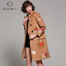 SEQINYY пальто с вышитыми сердечками и цветами Зима Осень Модное высококачественное новое женское длинное шерстяное пальто цвета хаки