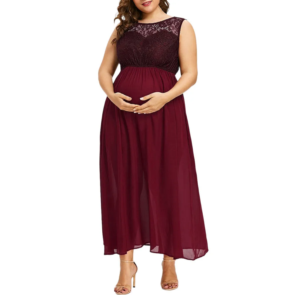 Женщины o-образным вырезом большой размер, для беременных Материнство Твердые без рукавов кормящих Кружева шифон платье элегантный Фотография Одежда для беременных
