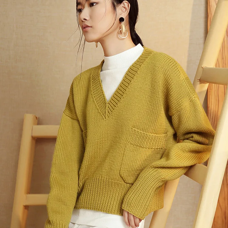  new fashion 100%hand made pure wool Vneck knit women solid H-straight short pullover sweater one&ov