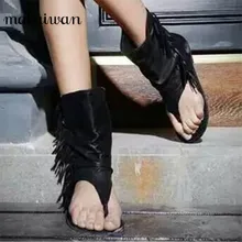 Fashion Bohemia Summer Boots Black Genuine Leather Women Flat Sandals Tassel Cool Rome Gladiator Sandal Fringe Shoes Woman
