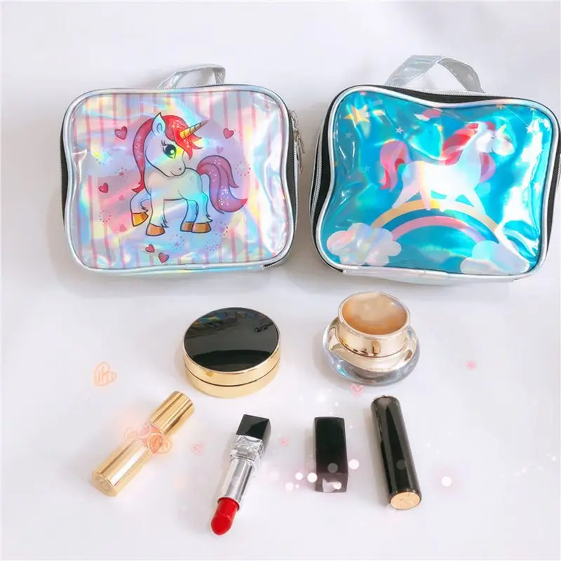 Stripe Pattern Laser Cosmetic Bag Cartoon Unicorn Waterproof Makeup Bag Handbag Storage Mak Up Beauty Organizer Case