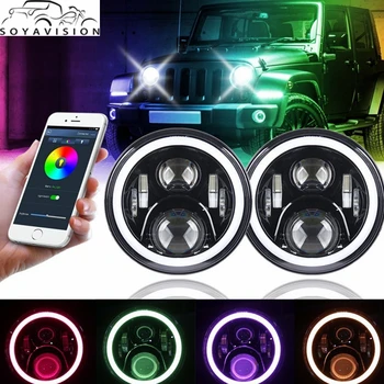 

SOYAVISION For Jeep Wrangler JK TJ 7" LED Headlights RGB Halo Angel Eye with Bluetooth APP Control iPhone and Android Compatible
