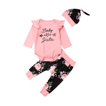 

2019 Toddler Newborn Infant Baby Girl Clothes Set Autumn Sister Letter Bodysuit Jumpsuit Floral Pants Hat Clothing Outfit 3pcs