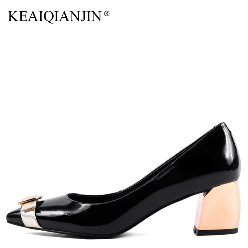 

KEAIQIANJIN Woman Patent Leather Pumps Plus Size 33 - 43 High Shoes Spring Autumn Metal Decoration Black Genuine Leather Pumps