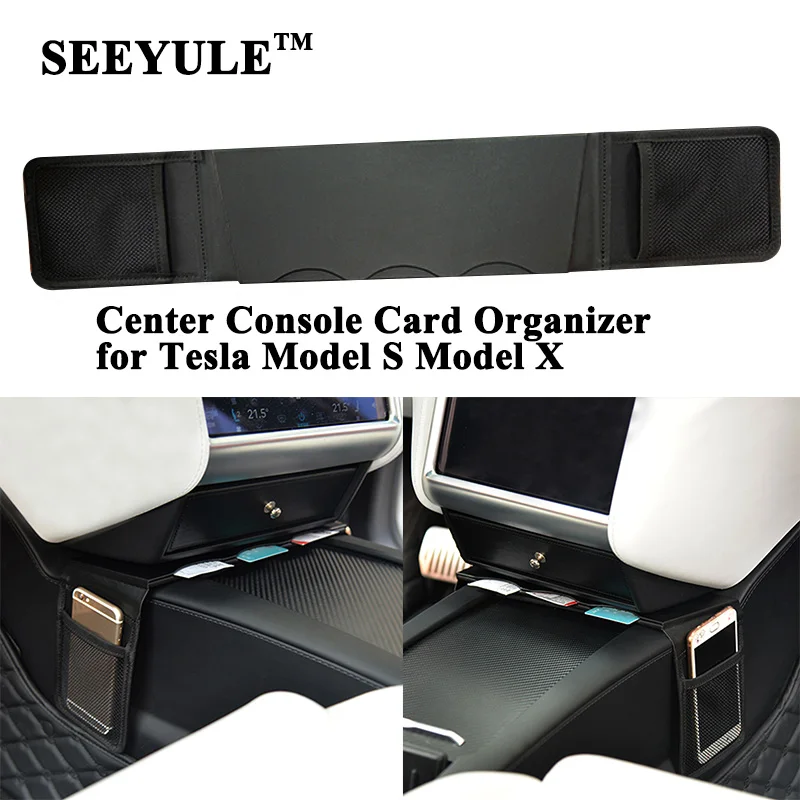 Koop 1 st SEEYULE Auto Middenconsole Opbergtas Card Organizer Telefoon Houder Armsteun Doos Accessoires voor Tesla Model S Model X