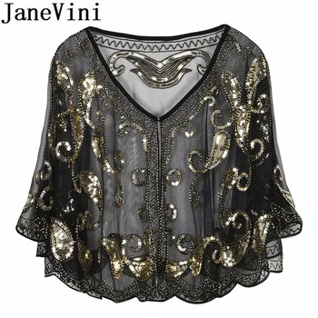 

JaneVini Blingbling Sequined Women Cape Beaded Bridal Bolero Wrap Shawl Black Silver Sequins Evening Wedding Jackets Stole Shrug