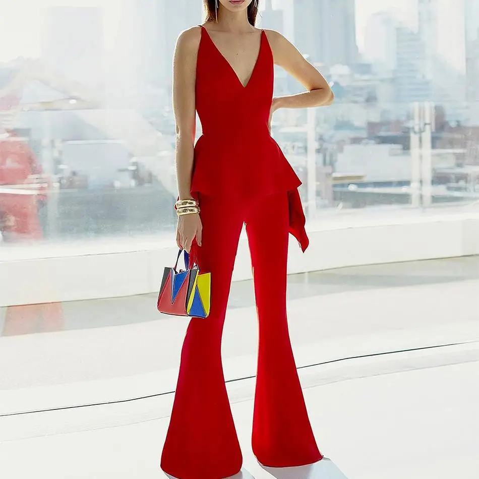 red spaghetti strap jumpsuit