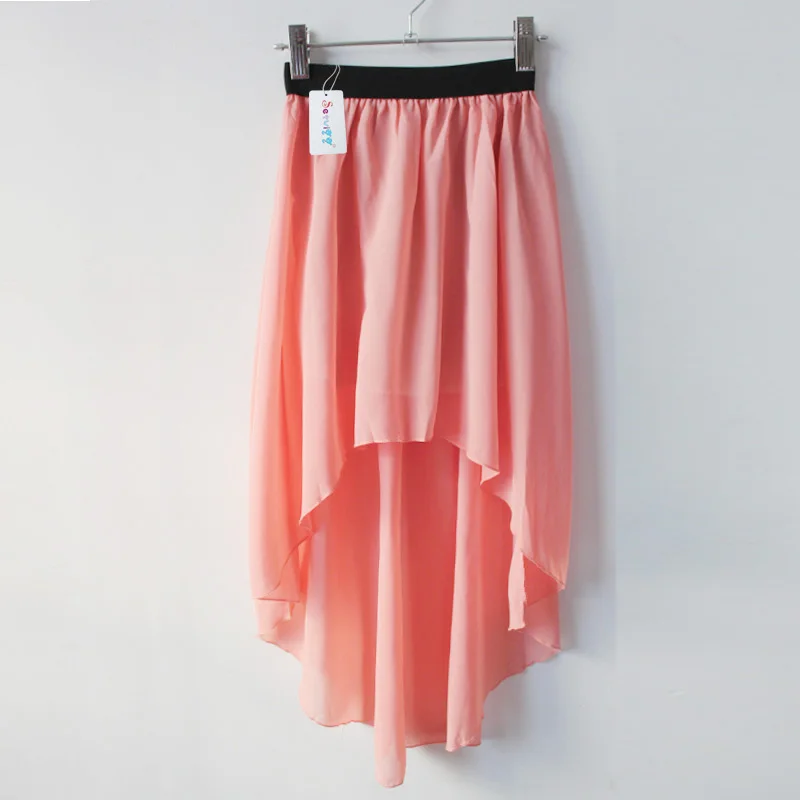 Летние шифоновые юбки, женская модная Асимметричная длинная юбка с эластичной резинкой на талии, однотонная длинная шифоновая юбка до середины икры, фиолетовая, розовая - Цвет: peach pink