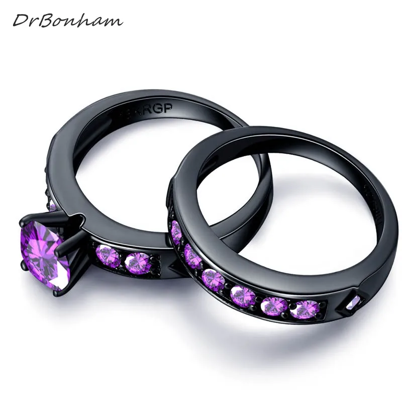 DrBonham bling large purple Cubic Zircon couple Rings Set black Gold filled CZ Wedding alliance For Women men DR1746