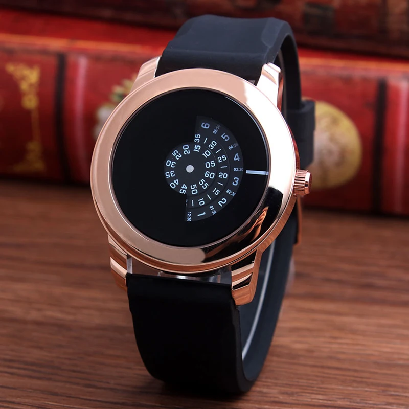 New Arrive Men Gifts Brief Design Black Rubber Strap Creative Turntable and Unique Design for Young