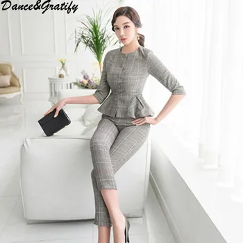 

New Fashion Business Pants 2Pcs Suits Women Plaid Two Piece Femme Mujer Women's Half Sleeve Blouses And Pencil Trousers Sets