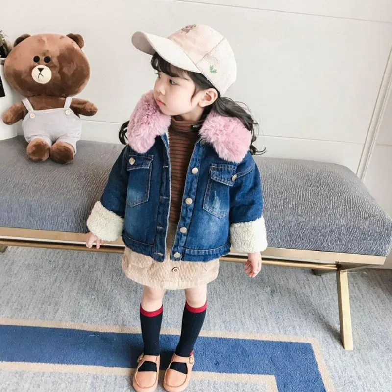 DFXD Winter New Fashion Toddler Girls Long Sleeve Denim Jeans Single-breasted Fur Collar Thicken Velvet Outwear Kids Warm Coat DFXD Winter New Fashion Toddler Girls Long Sleeve Denim Jeans Single-breasted Fur Collar Thicken Velvet Outwear Kids Warm Coat