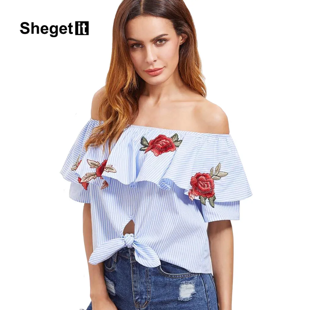 Shegetit Women Summer Striped Off the Shoulder Backless T Shirt Flower