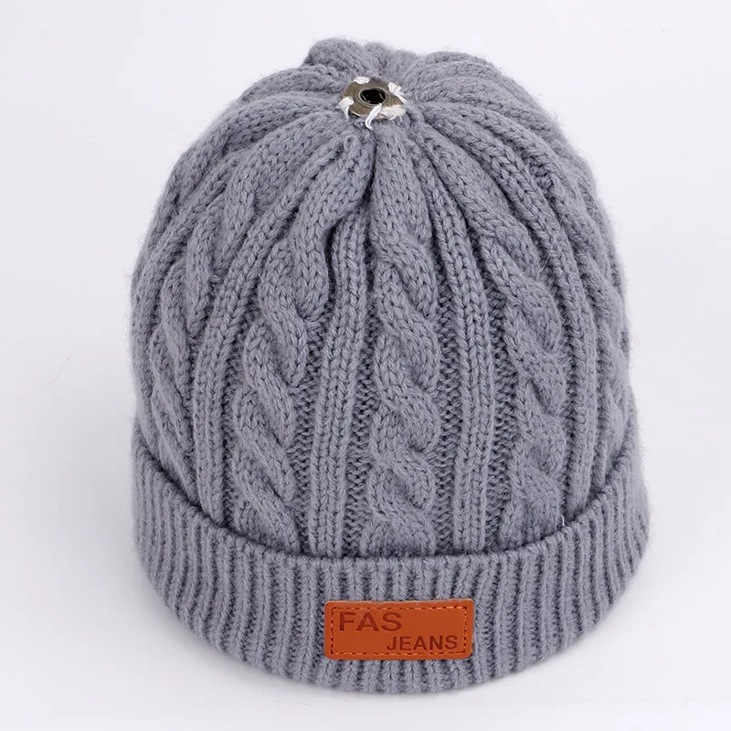 Детские осенние и зимние вязаные хлопковые шапки, теплые и удобные Лыжные шапки, одноцветные модные Универсальные шапки с помпонами для мальчиков и девочек - Цвет: Gray