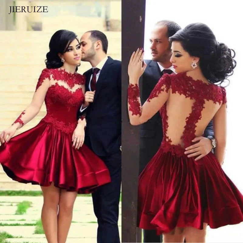 

JIERUIZE Burgundy Lace Appliques Short Wedding Dresses Long Sleeves Beach Bridal Dresses robe de mariee