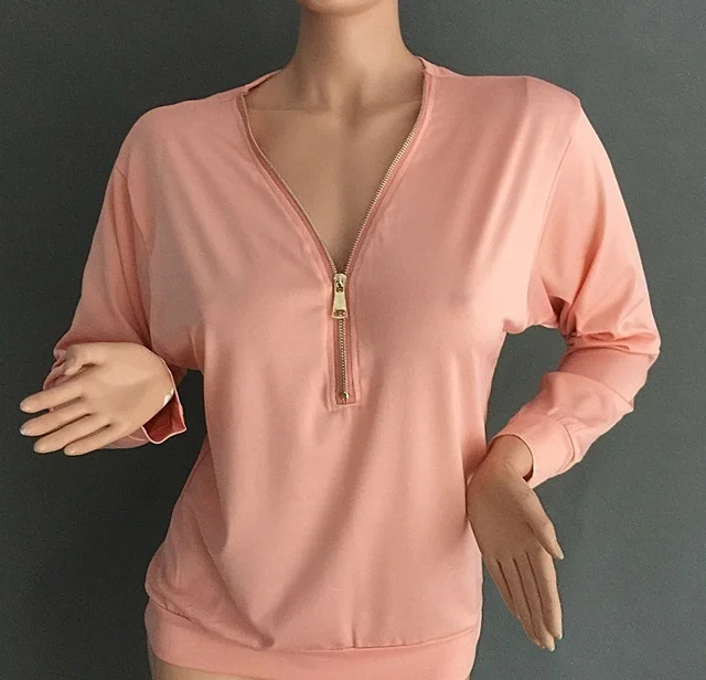 Women Sexy Fashion Batwing Sleeve Blouse Deep V Collar Zipper Sweater Long Sleeved T-shirt Plus Size S-5XL (8)
