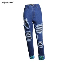 Пайетки рваные джинсы для женщин отверстие Джинсы бойфренда для женщин прямые джинсы женские джинсы джинсовые брюки vaqueros