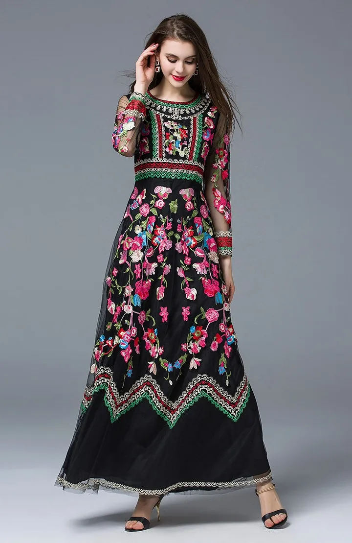 www.Nuroco.com - Runway Designer Long Gauze Floral Embroidery Dress (US ...