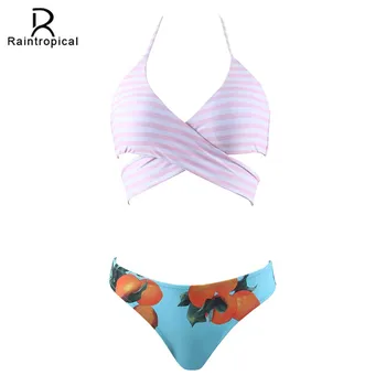 

Raintropic 2019 Sexy Women Swimsuit SummerPush Up Swimwear Bikinis Bandeau Bikini Printed Bikini Set Solid Beach Bathing Suits