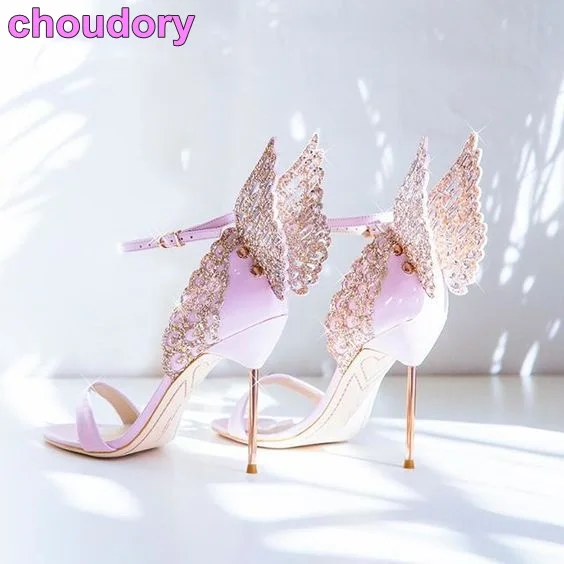 

High-end Women Pinnk Butterfly Sandals Metal Stiletto Heel Metallic Cut-outs Pumps Bling Bling Crystal Celebrity Wedding Shoes